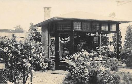 Bedrijven in Zeist0014, D. van Dijk en Zn. Bloemenmagazijn. 1929.jpg - Omstreeks 1929 vestigde de Heer D. van Dijk en Zn. een Kiosk met bloemen achter zijn woonhuis aan de Bergweg 90 (13b) Tel: 585. In 1952 nam A.H.J. van Dijk, Bloemist de zaak over volgens het adresboek van Zeist. Foto omstreeks 1929.